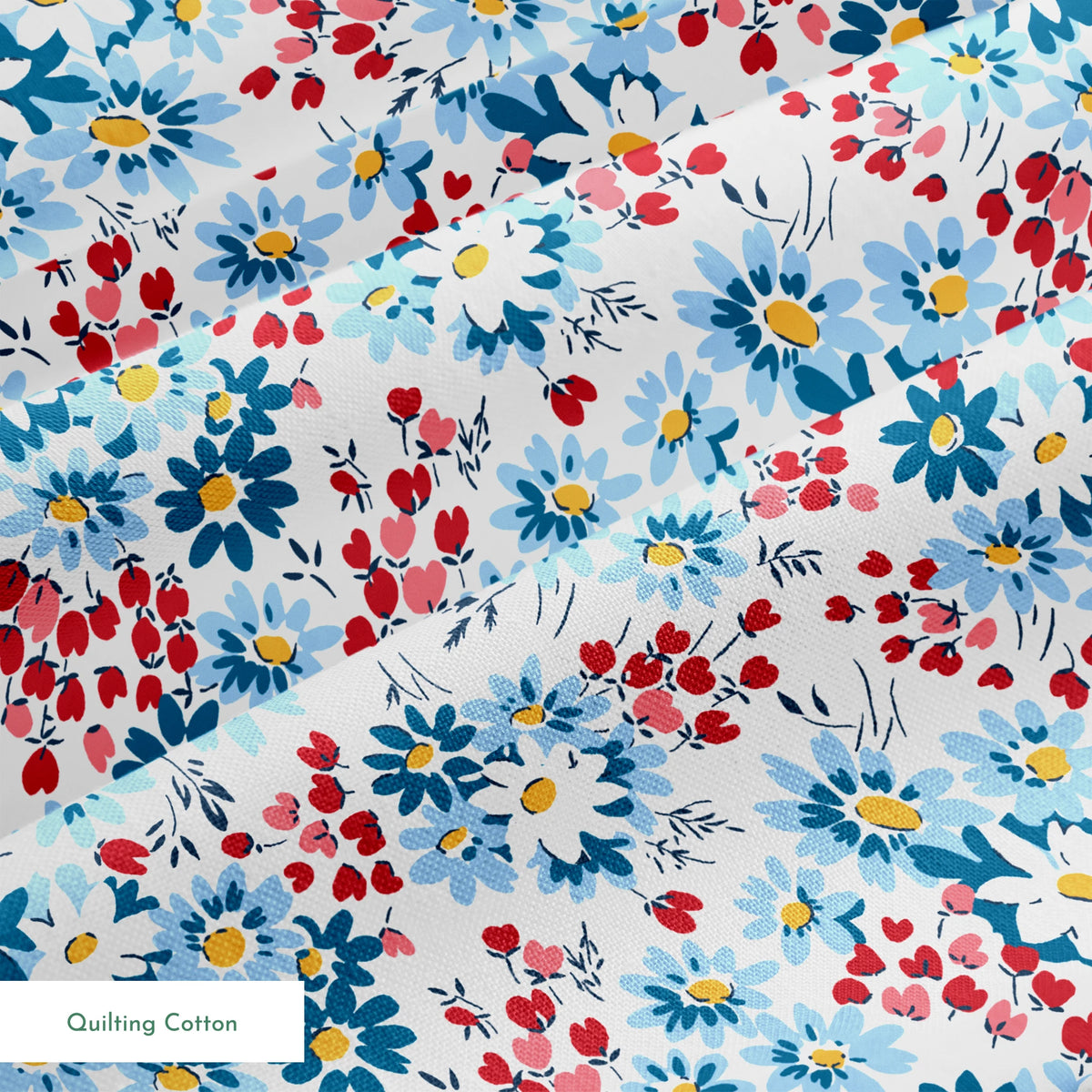 Blue and white daisies with small red berries scattered across a light background in a floral pattern springs quiltingcotton texture