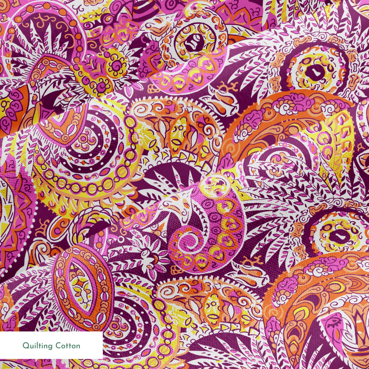 Vibrant paisley pattern with swirling shapes in purple, orange, pink, and yellow tones springs quiltingcotton texture