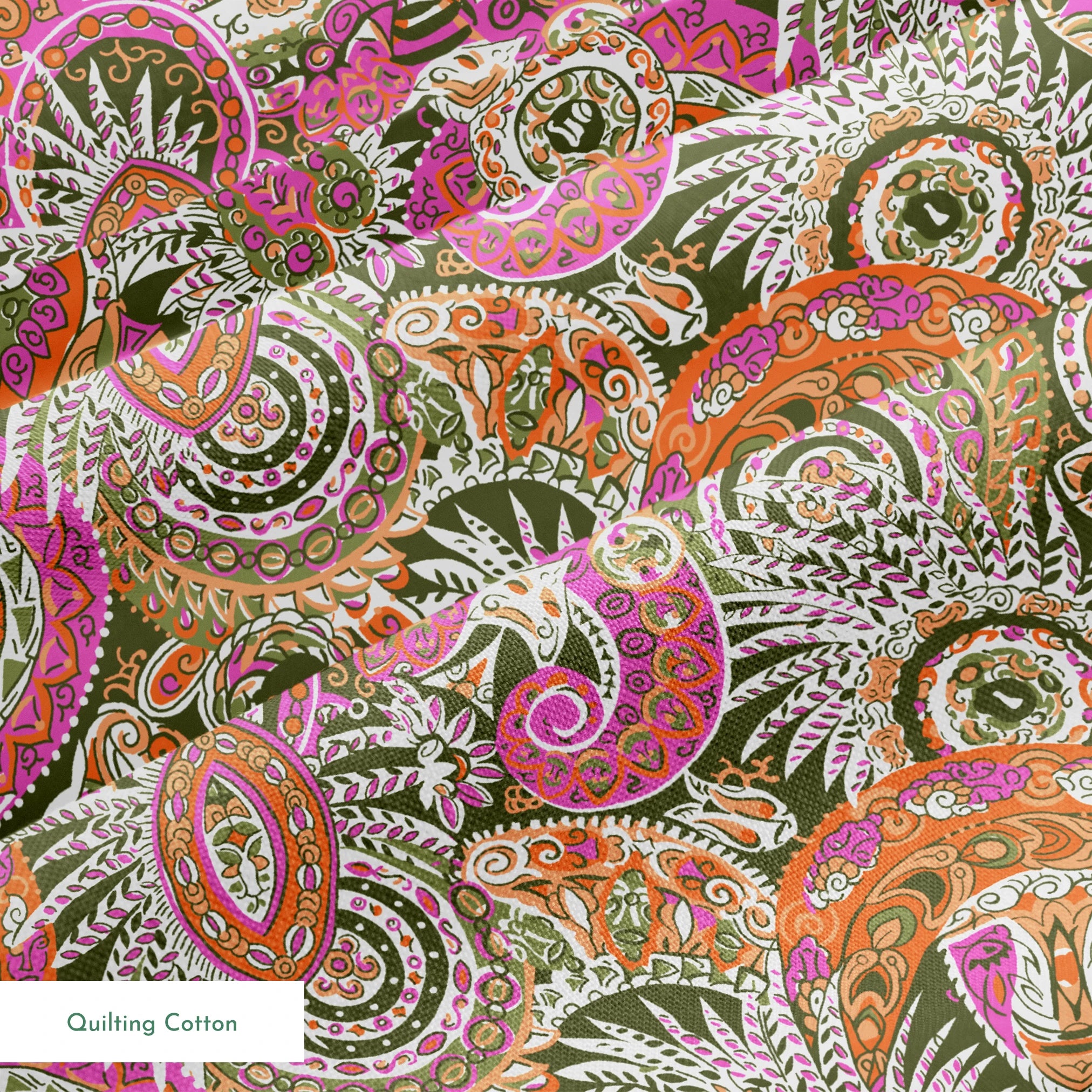 Vibrant paisley pattern with swirling designs in pink, orange, yellow and white on textured background springs quiltingcotton texture