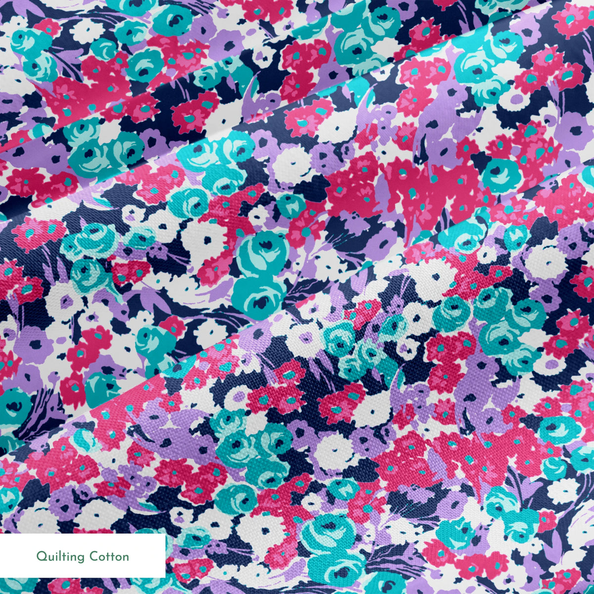 Vibrant floral pattern with pink, white, purple, and turquoise flowers on dark indigo background springs quiltingcotton texture