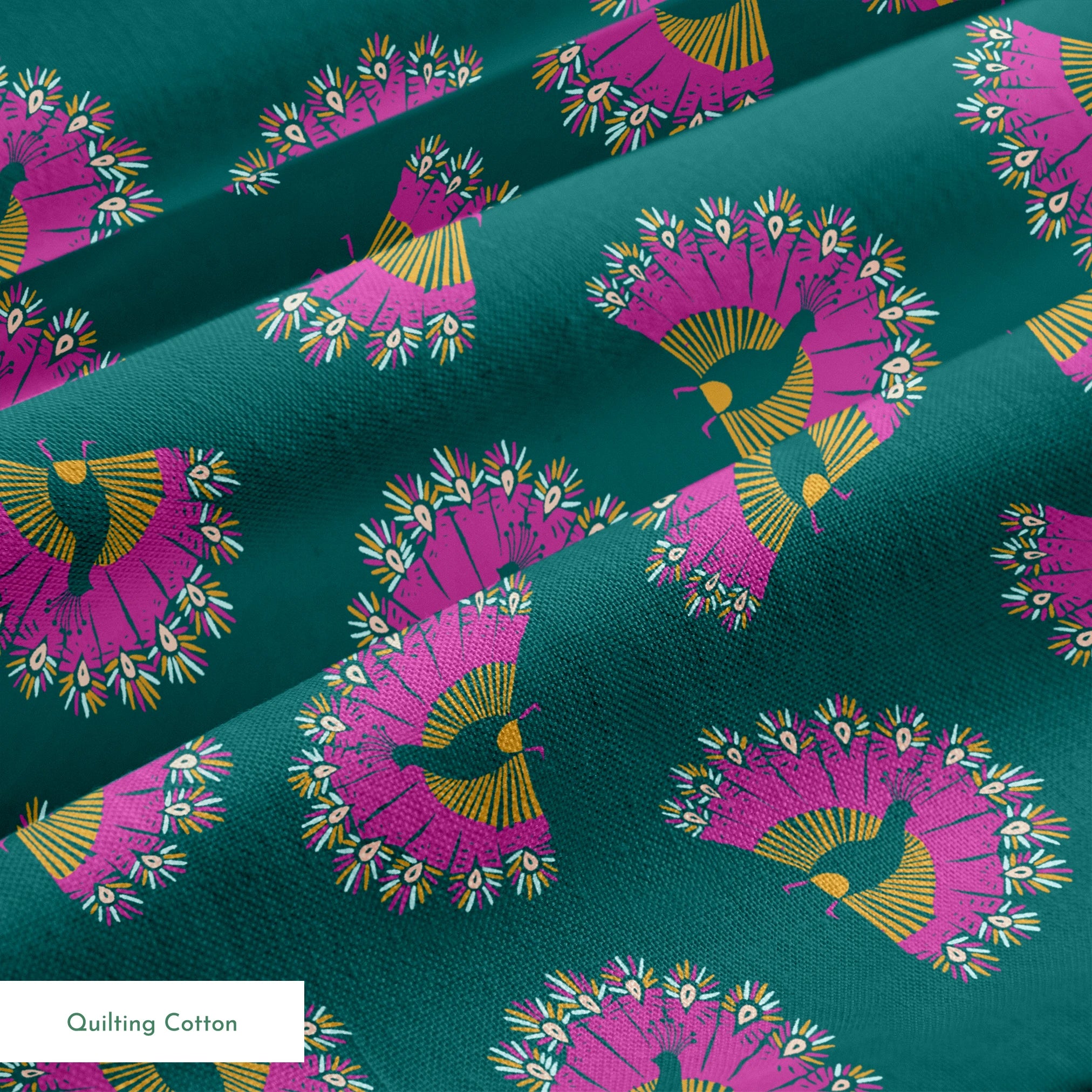 Vibrant pattern of pink circular bursts with yellow-green bird silhouettes on teal background springs quiltingcotton texture