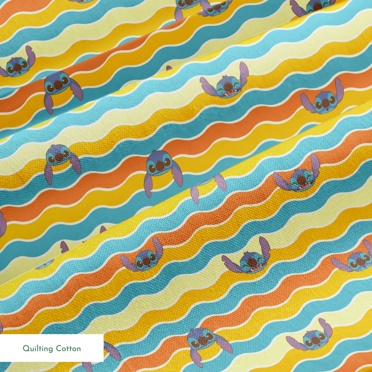 Colorful wavy striped pattern with Stitch peeking between orange, yellow, and teal waves springs quiltingcotton texture