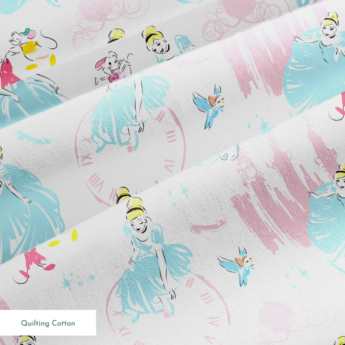 Dreamy Cinderella pattern with blue gowns, castle silhouettes, glass slippers, and blue birds on pale background springs quiltingcotton texture