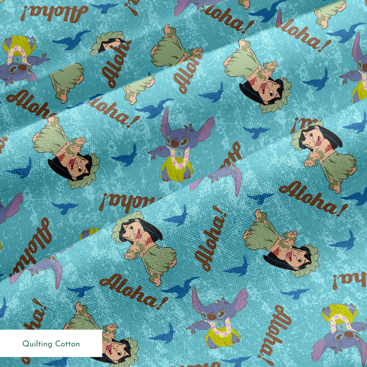Lilo and Stitch pattern on turquoise background with "Aloha!" text and blue silhouettes springs quiltingcotton texture