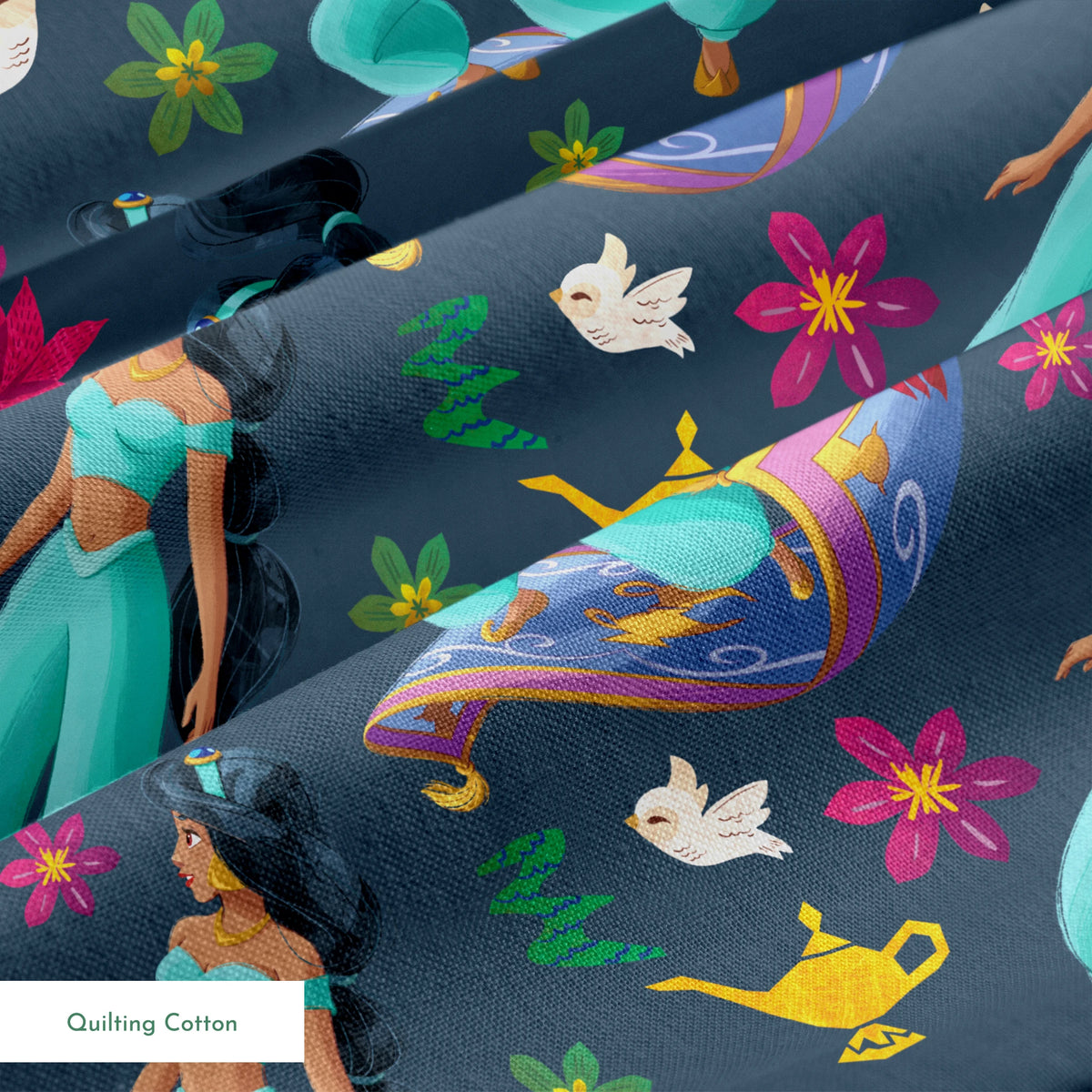 Animated characters in turquoise outfits flying on magic carpets with white doves, lotus flowers, and a golden lamp against dark background. springs quiltingcotton texture