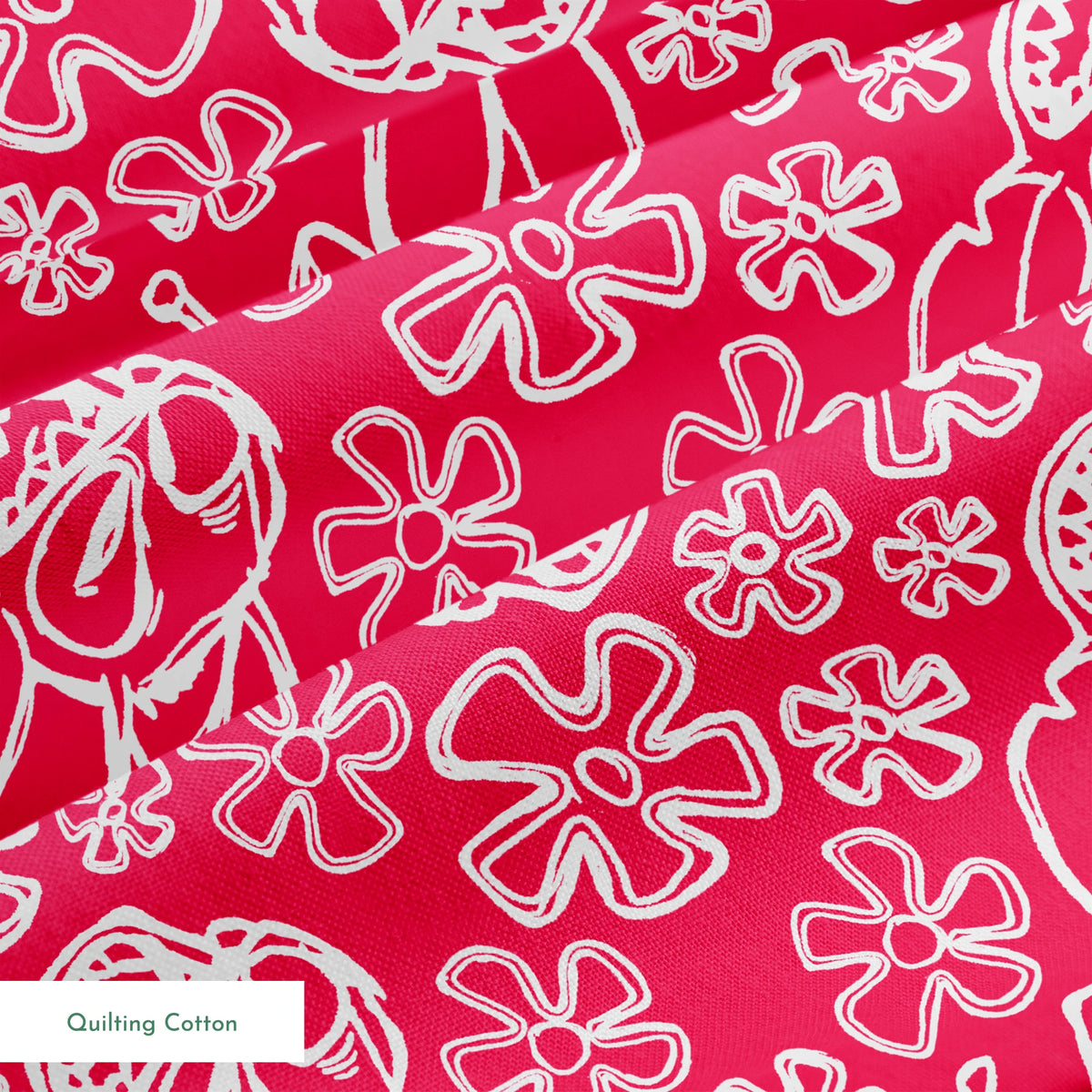 White flower doodles and Disney's Stitch on bright red background, hand-drawn style pattern springs quiltingcotton texture