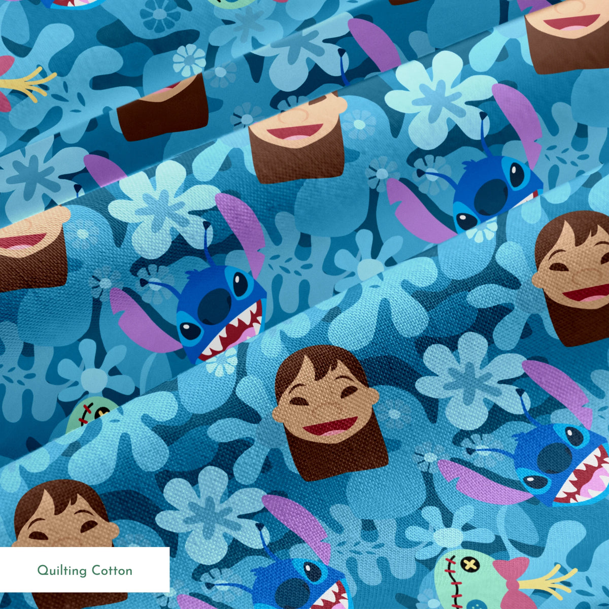 Disney's Stitch among floral elements and smiling faces on turquoise background springs quiltingcotton texture