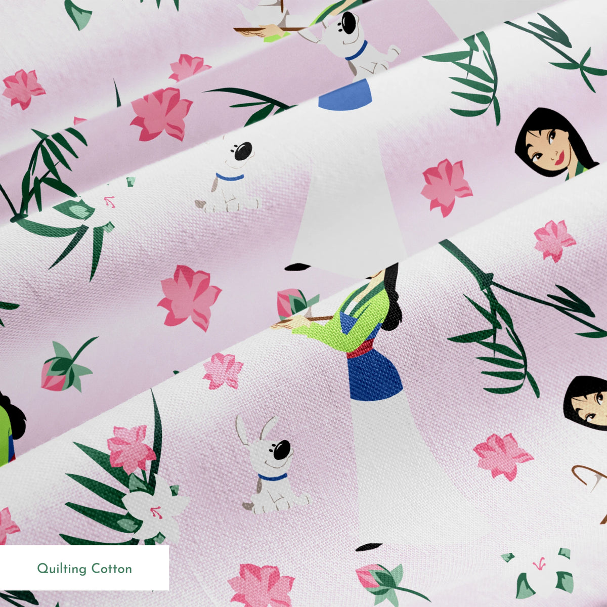 Illustrated pattern on light purple background with cartoon figures in white dresses, pink flowers, green palm leaves, and white rabbits. springs quiltingcotton texture
