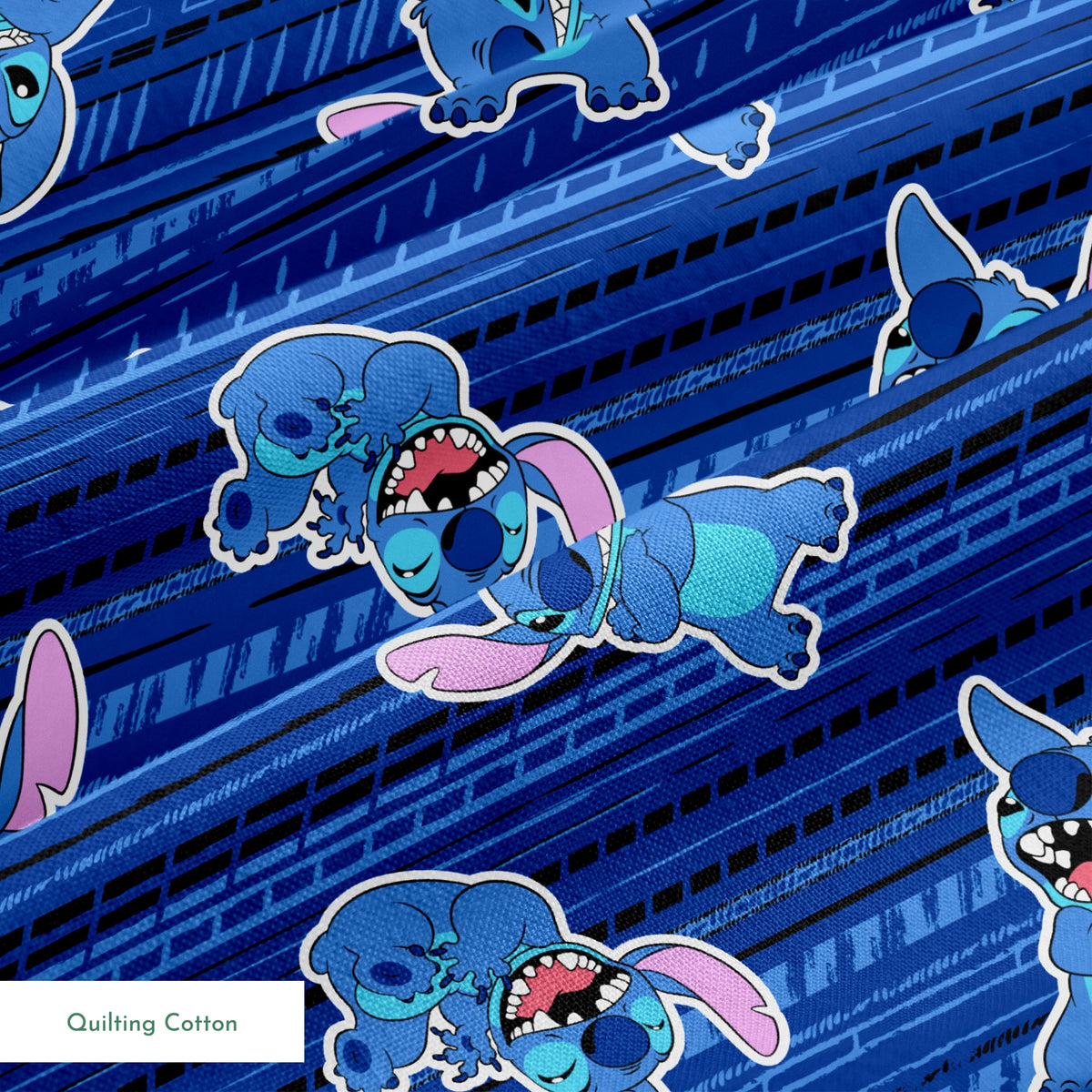 Blue background with Disney Stitch characters in various playful poses, featuring blue fur and pink ears springs quiltingcotton texture