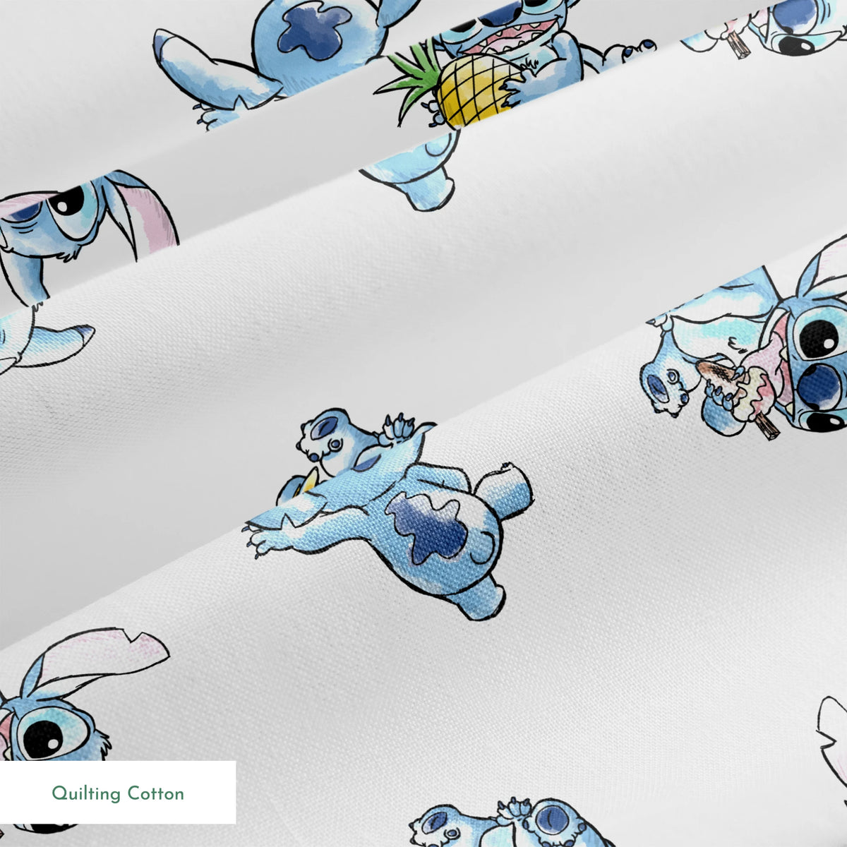 Disney's Stitch in various playful poses, some holding pineapples, on white background springs quiltingcotton texture