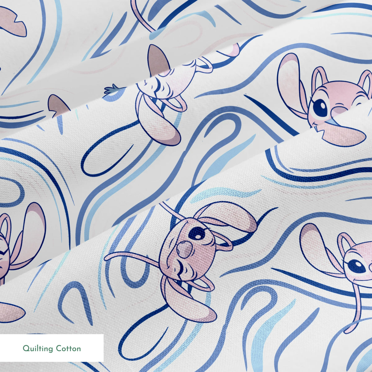 Blue alien character with large ears in various poses on swirling blue and white pattern background springs quiltingcotton texture