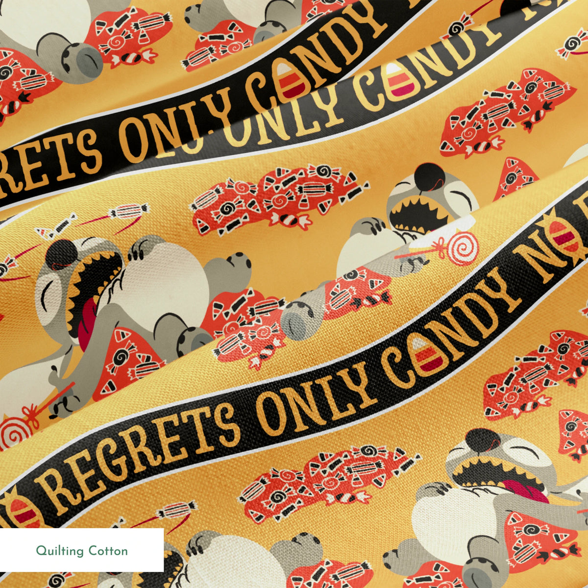 Repeating pattern with "NO REGRETS ONLY CANDY" text, featuring Disney's Stitch and candy corn on orange background. springs quiltingcotton texture