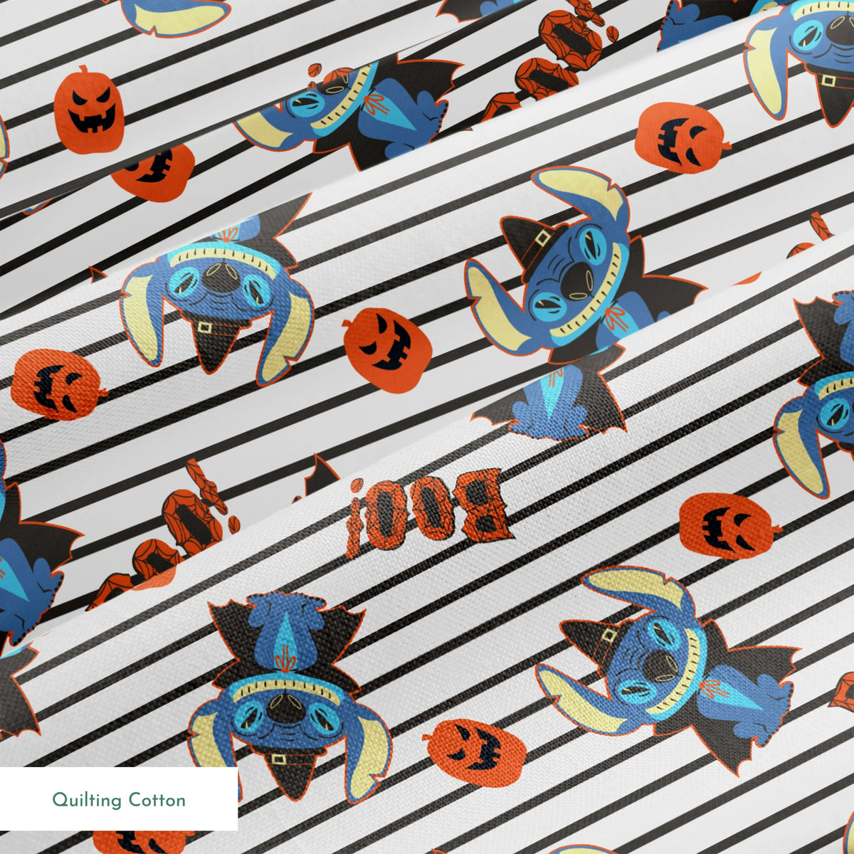 Disney's Stitch with witch hat alongside orange pumpkins on black and white striped background springs quiltingcotton texture