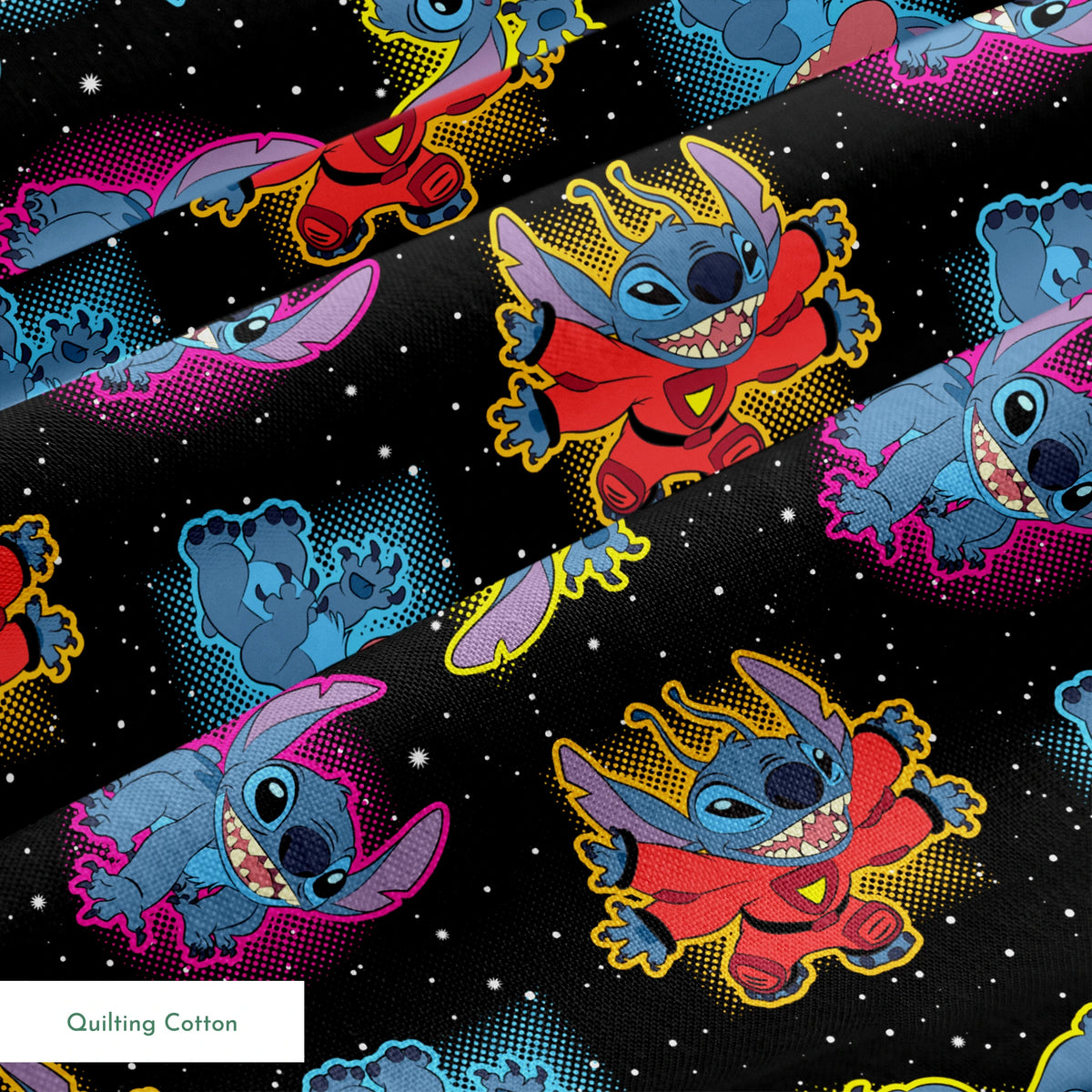 Colorful Stitch with pink accents on black starry background pattern springs quiltingcotton texture