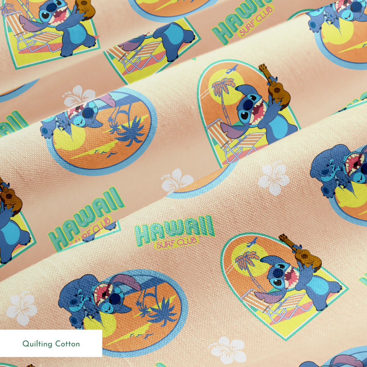 Disney's Stitch character on peach background with Hawaii-themed illustrations featuring surfboards, ukulele, and tropical imagery springs quiltingcotton texture