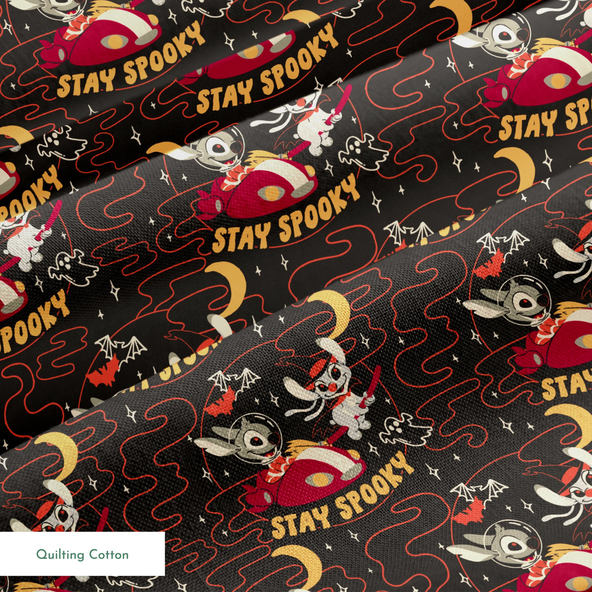 Repeating Halloween pattern with Stitch, "STAY SPOOKY" text, crescent moons, and swirling red lines on dark background. springs quiltingcotton texture
