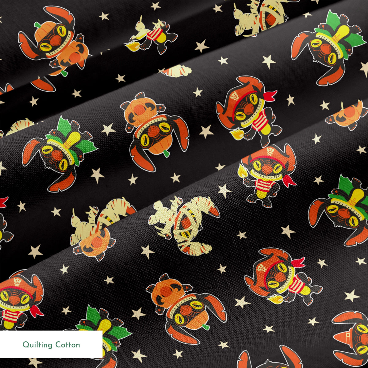 Pattern of Stitch in vibrant colors on black background with stars springs quiltingcotton texture