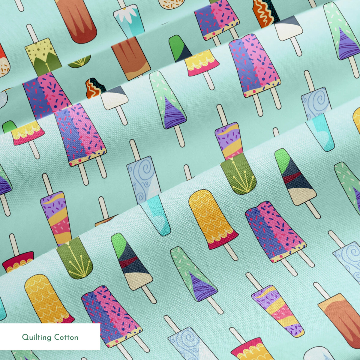 Disney Princess popsicle pattern on light teal background with various ice cream designs and styles springs quiltingcotton texture
