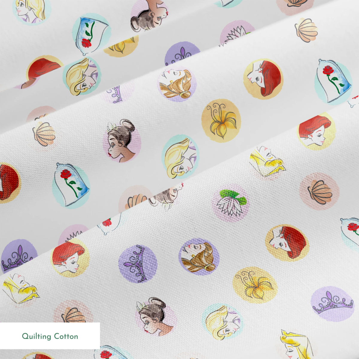 Colorful circular illustrations featuring Disney Princesses and symbols on white background springs quiltingcotton texture