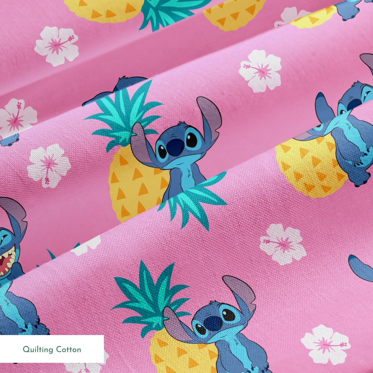 Stitch characters with pineapples and white hibiscus flowers on pink background pattern springs quiltingcotton texture