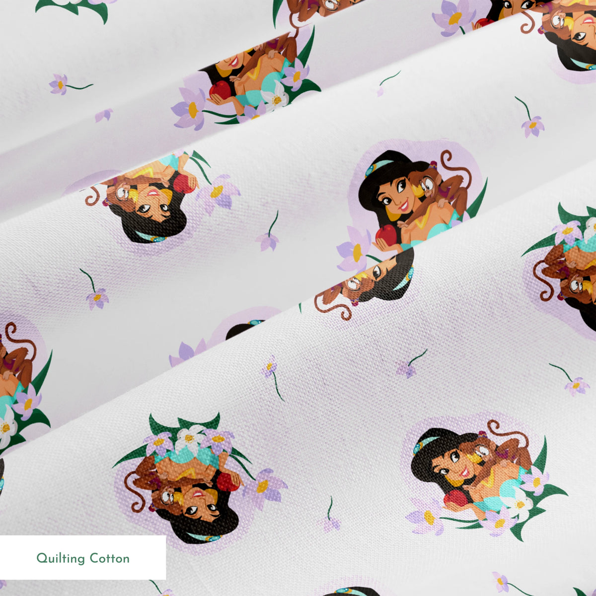 Cartoon pattern of Princess Jasmine with tiger cub surrounded by flowers on light pink background springs quiltingcotton texture
