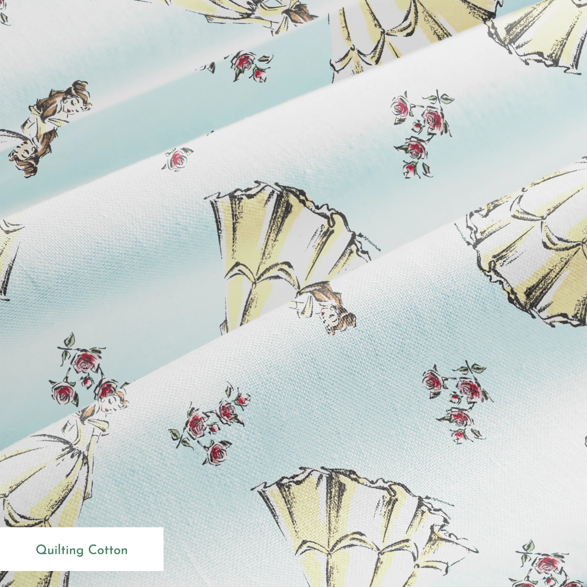 Light yellow pleated bell-shaped objects with small pink floral accents scattered on pale blue background springs quiltingcotton texture