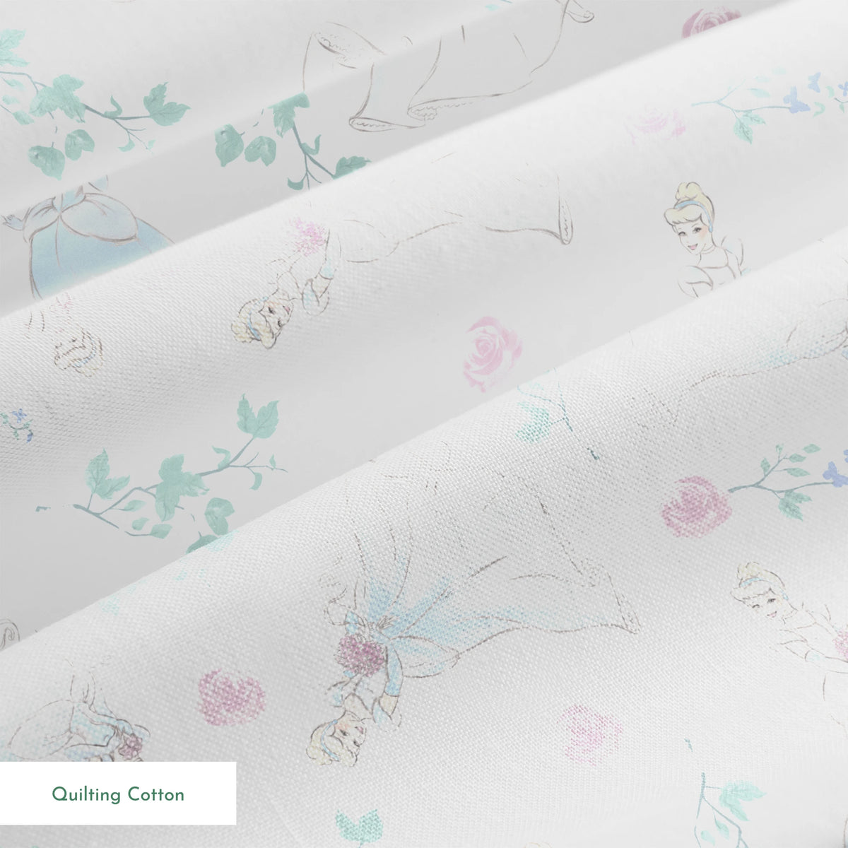 Delicate pattern of flowing blue dresses, pink roses, and mint green foliage on a light background springs quiltingcotton texture