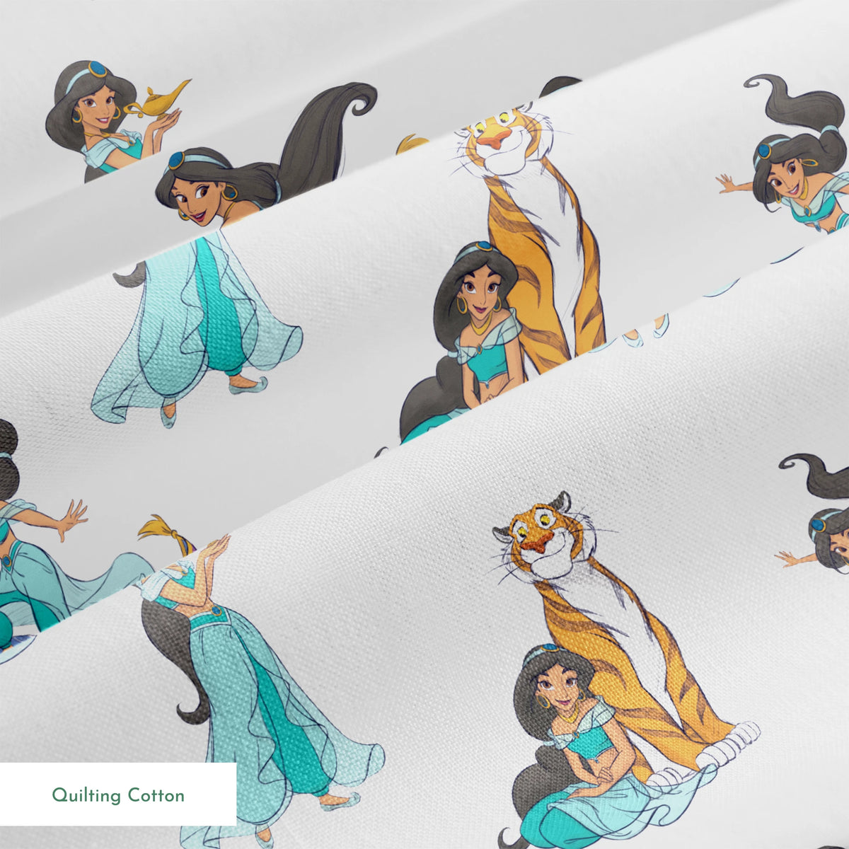 Cartoon pattern featuring a princess in teal outfit with long black hair in various poses with a magic carpet and tiger springs quiltingcotton texture