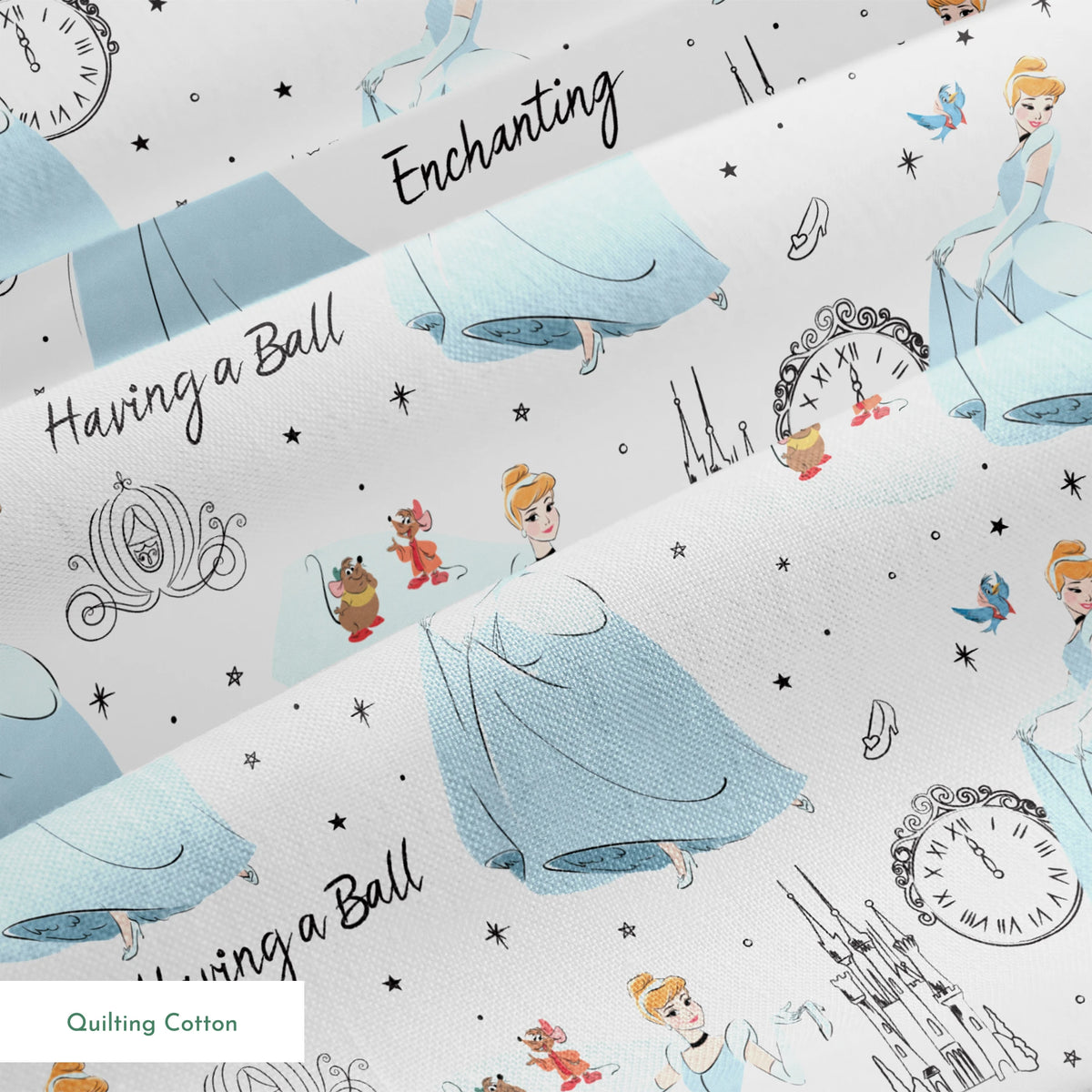 Whimsical pattern featuring cartoon princess in blue gown, clocks, castles, carriages and "Enchanting" text on white background springs quiltingcotton texture