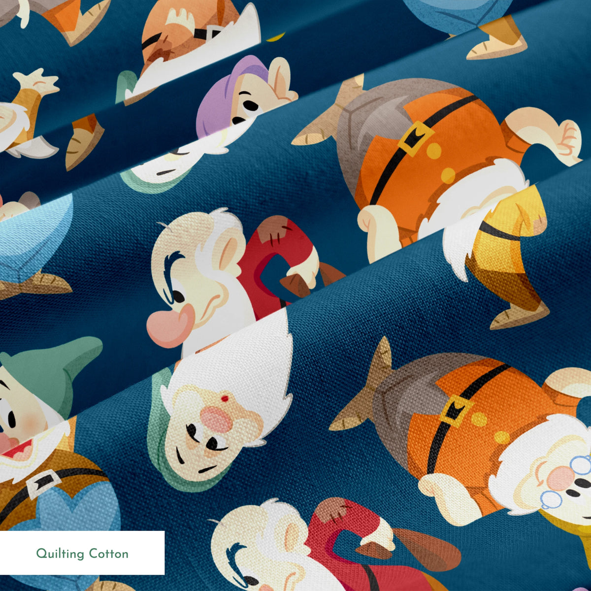 Colorful pattern of cartoon dwarfs in various outfits and poses on a deep blue background springs quiltingcotton texture