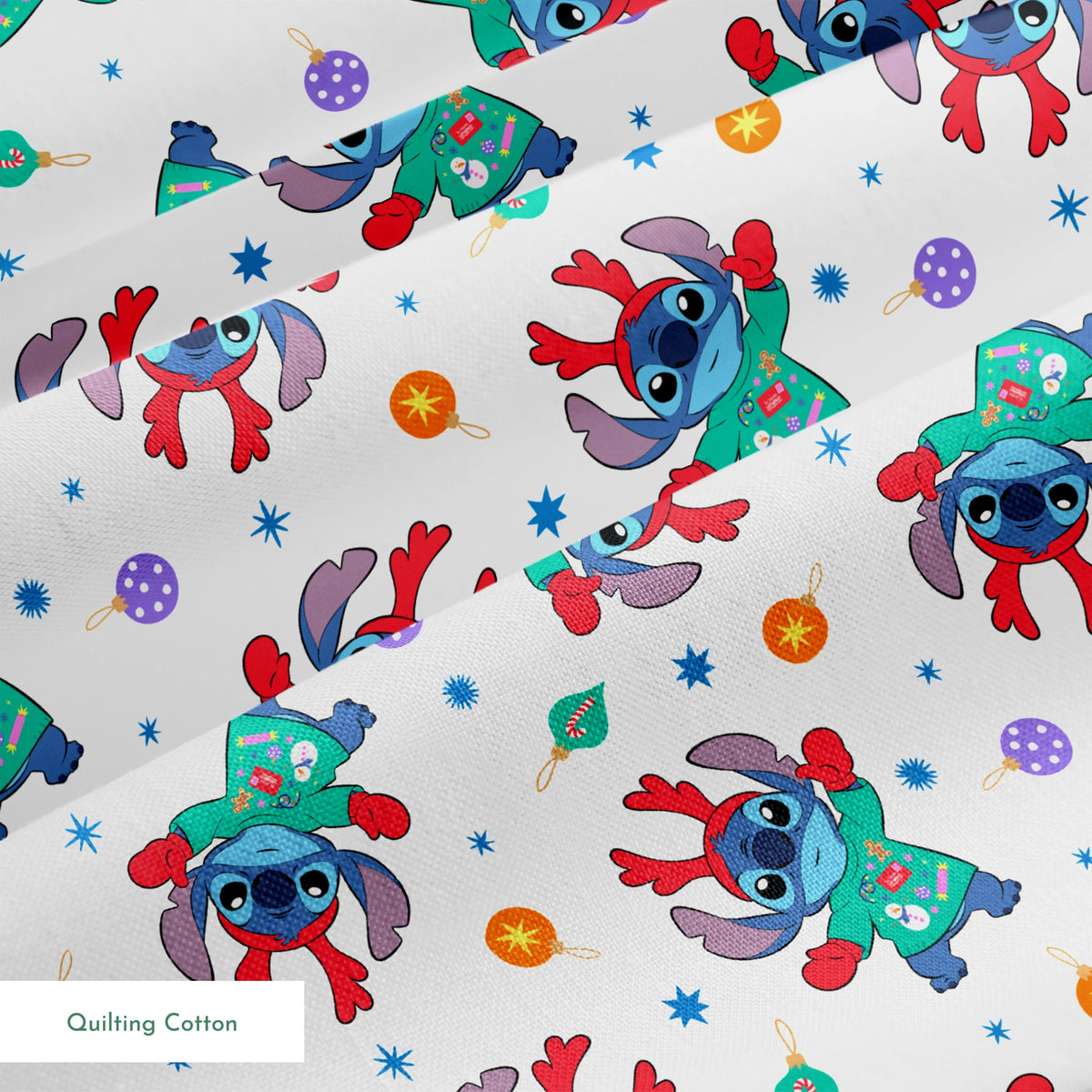 Disney's Stitch wearing green Christmas sweater and red scarf in repeating pattern with ornaments and stars. springs quiltingcotton texture
