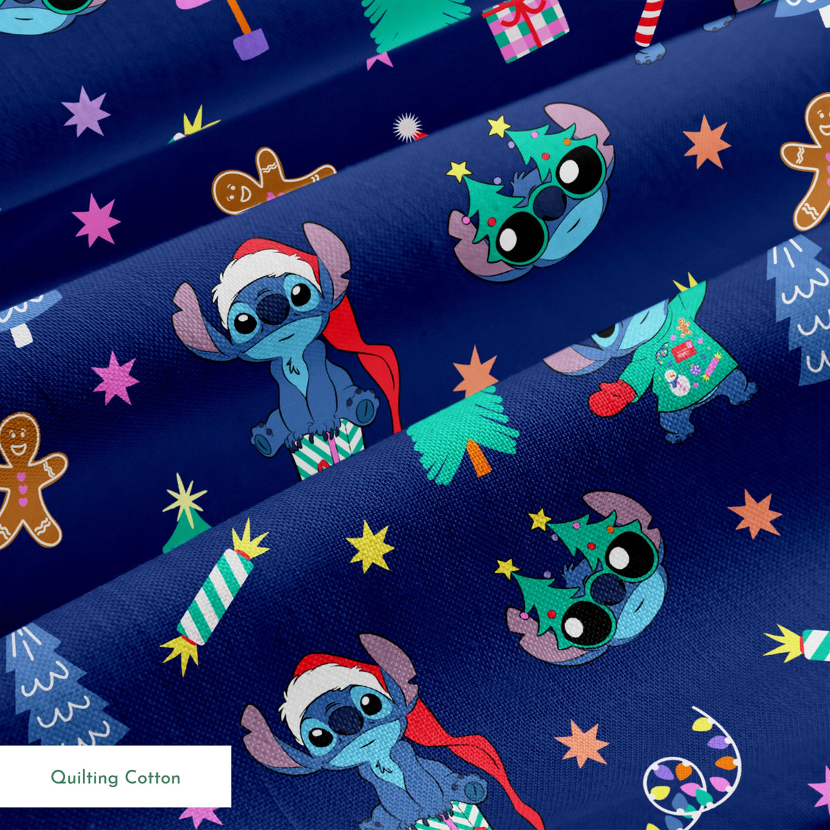 Festive Christmas pattern with Stitch, trees, candy canes, presents, and gingerbread men on navy background springs quiltingcotton texture