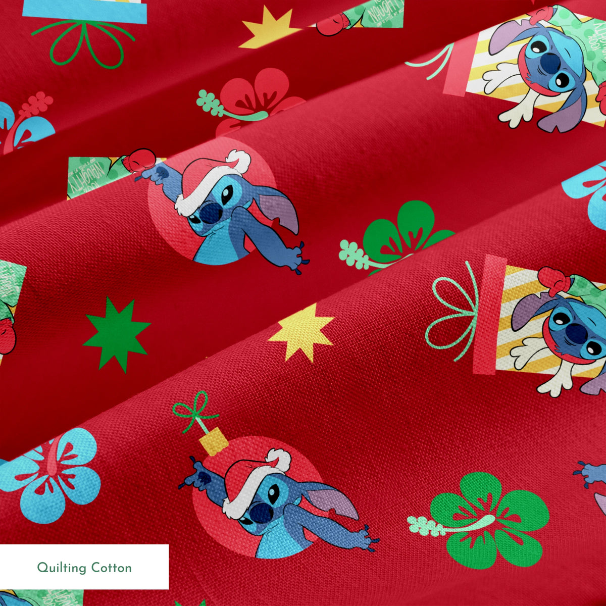 Disney Stitch pattern on red background with flowers and decorative elements springs quiltingcotton texture