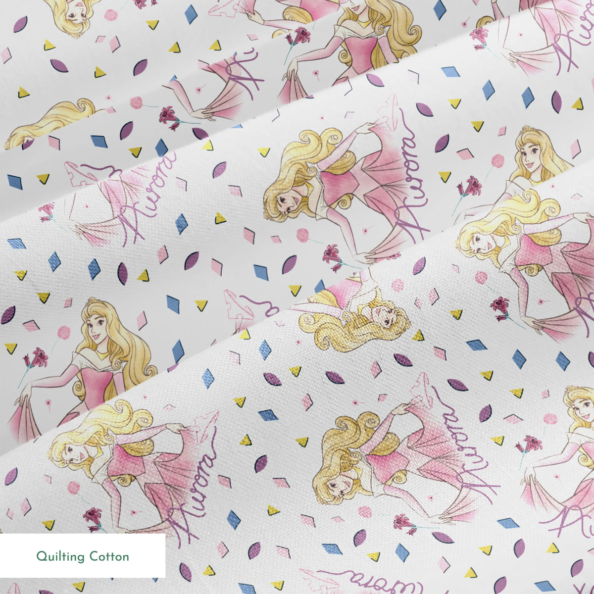 Pattern of Sleeping Beauty, surrounded by colorful diamond shapes on white background springs quiltingcotton texture
