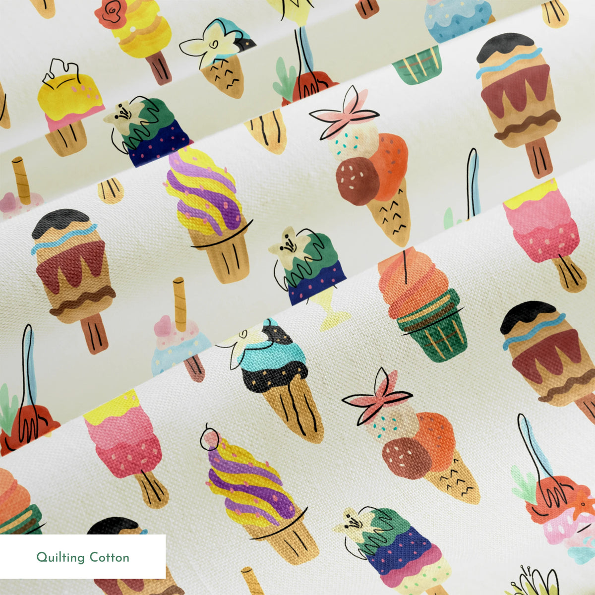 Colorful illustration of Disney Princess-inspired ice cream desserts including cones, popsicles, and sundaes with decorative toppings springs quiltingcotton texture