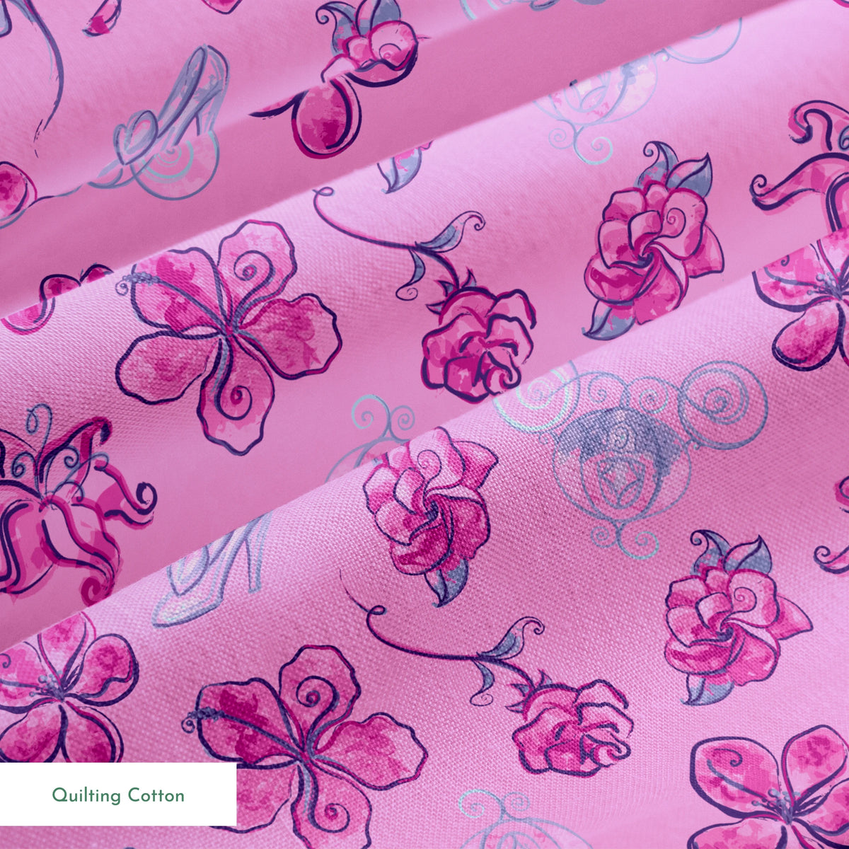 Whimsical Cinderella pattern of purple flowers, roses, and glass slipper outlines on pink background springs quiltingcotton texture