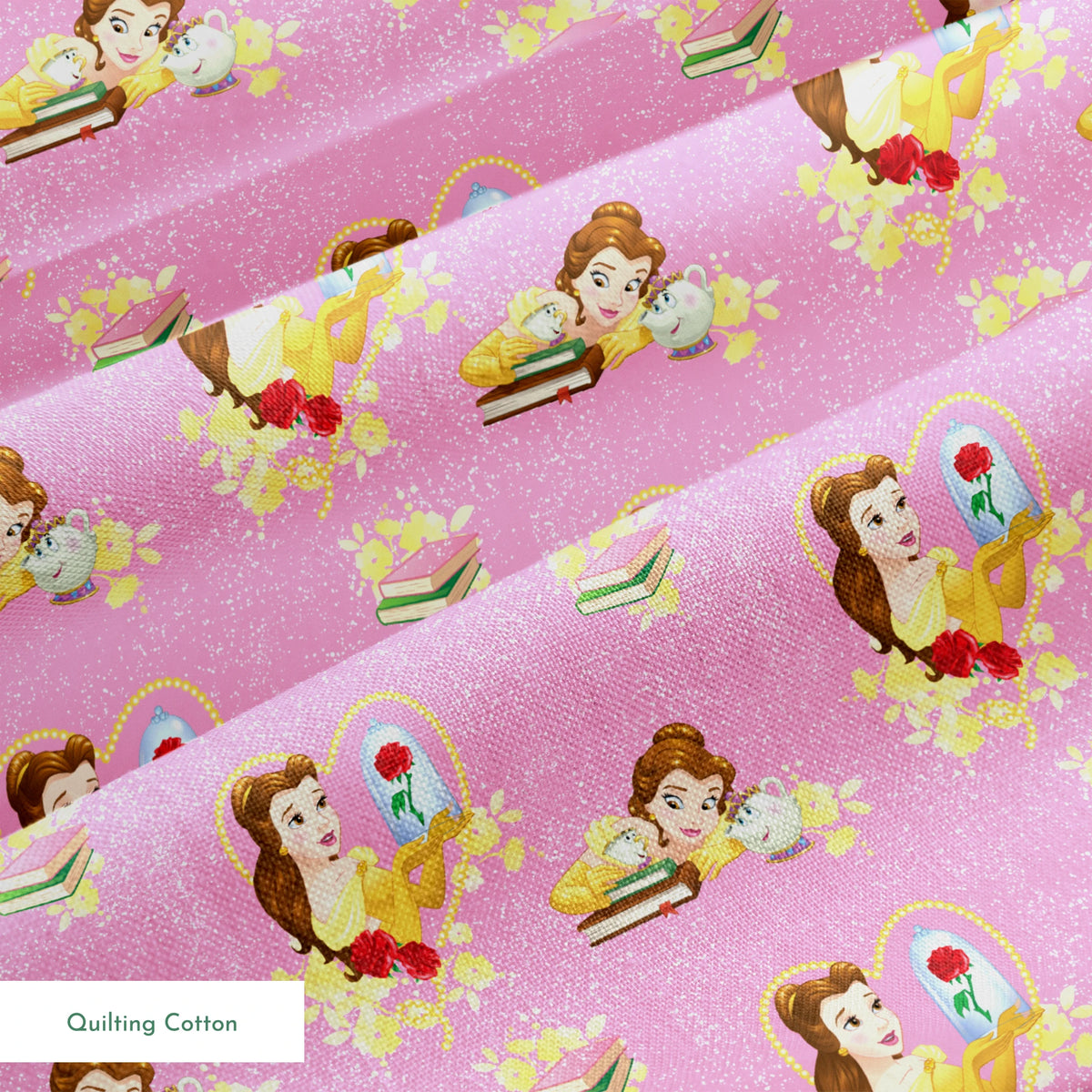 Repeating pattern of Disney's Belle character with enchanted rose and books on pink sparkly background springs quiltingcotton texture