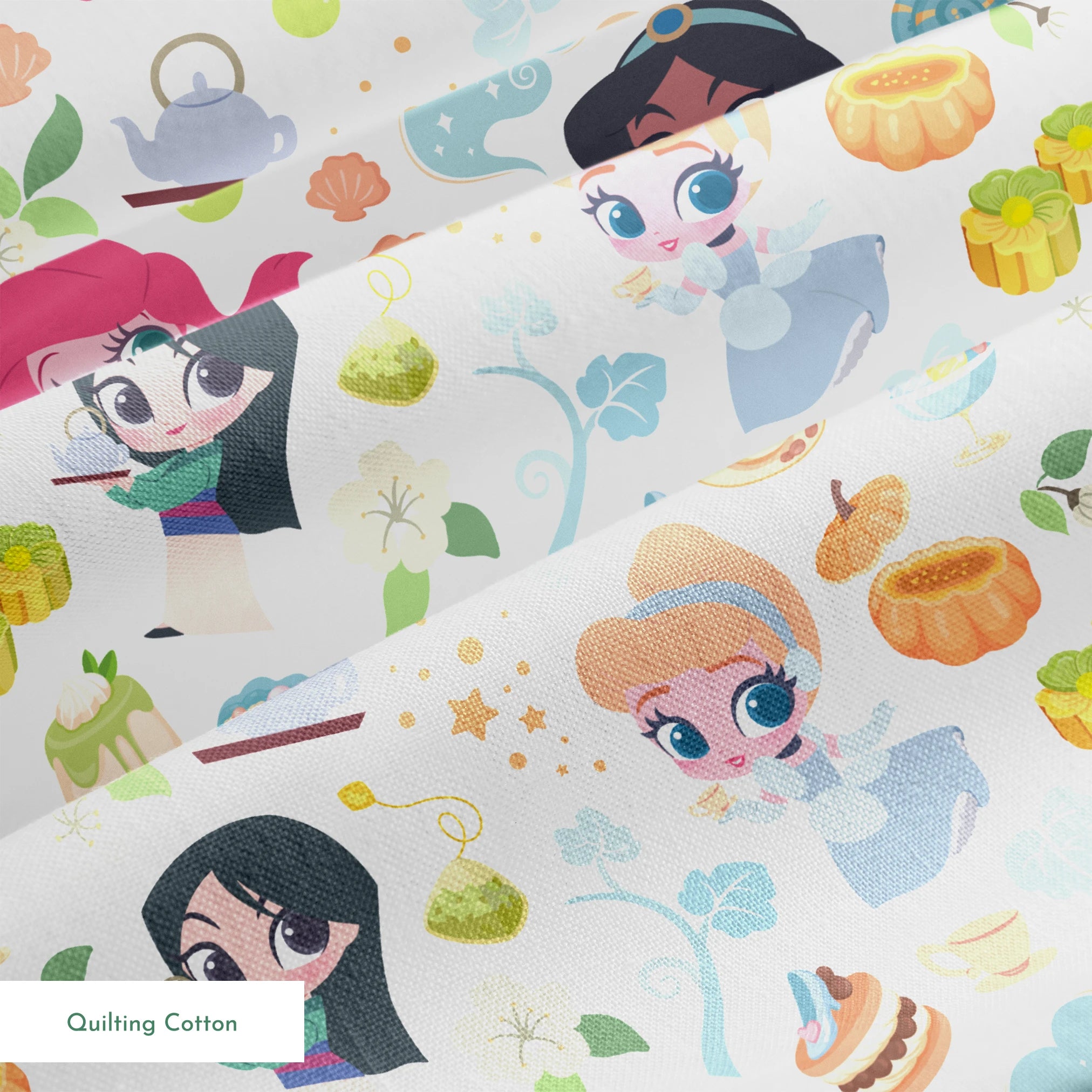 Disney Princess pattern with iconic characters, teapots, shells, sweets and gift boxes on white background springs quiltingcotton texture