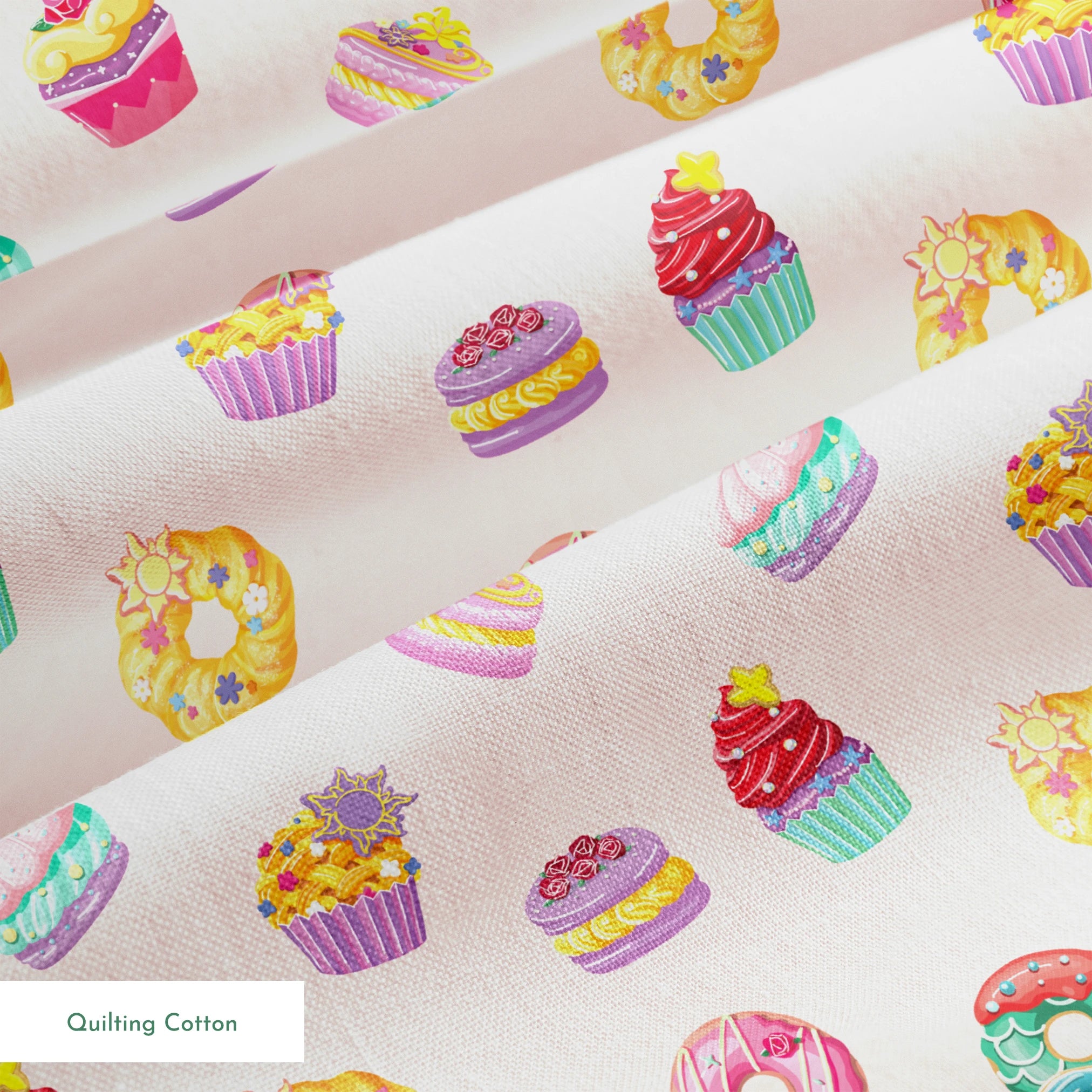 DIsney Princess-inspired dessert pattern with donuts, cupcakes, and macarons on a light pink background springs quiltingcotton texture