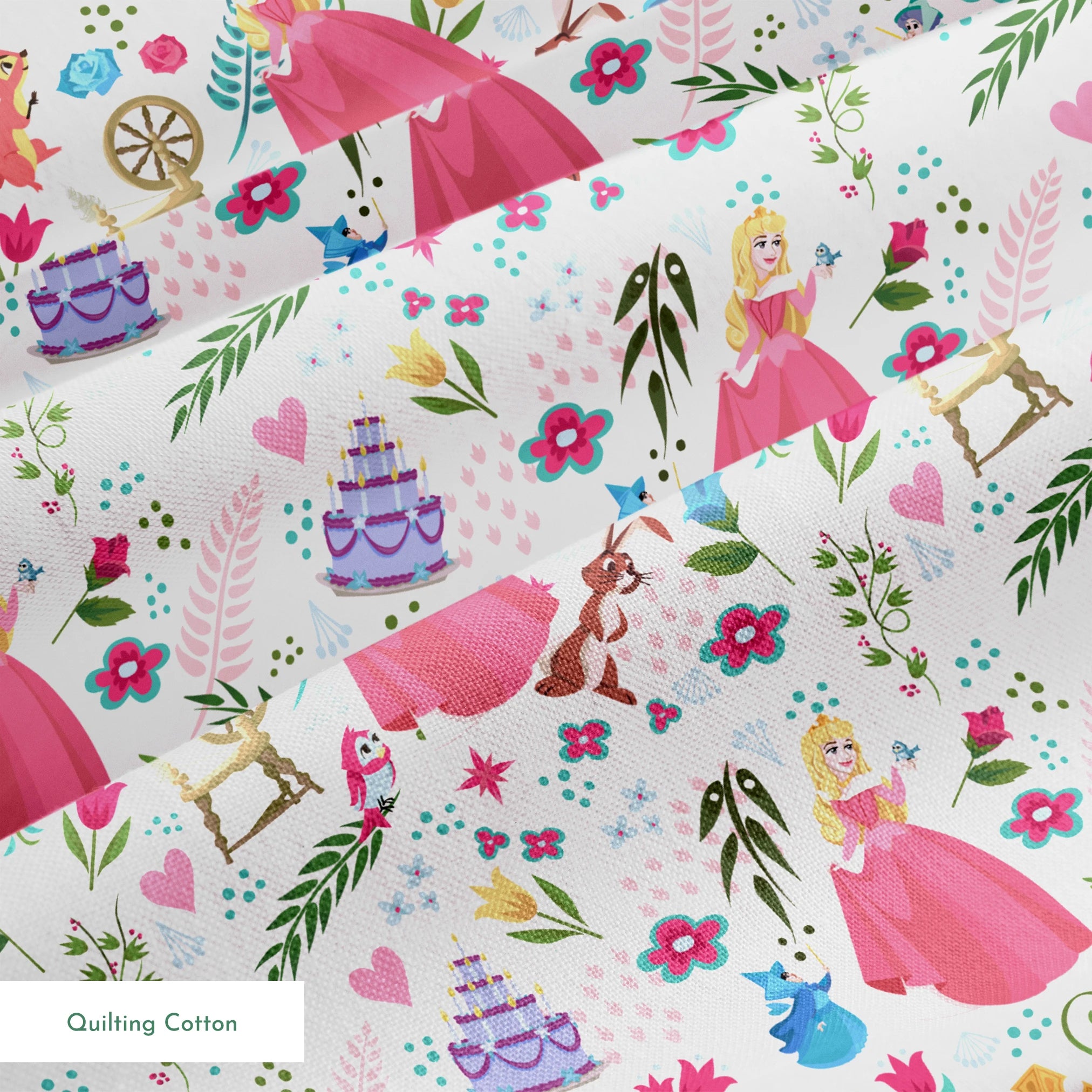 Colorful Sleeping Beauty pattern with Aurora, animals, flowers, spinning wheel, and cake on light background springs quiltingcotton texture