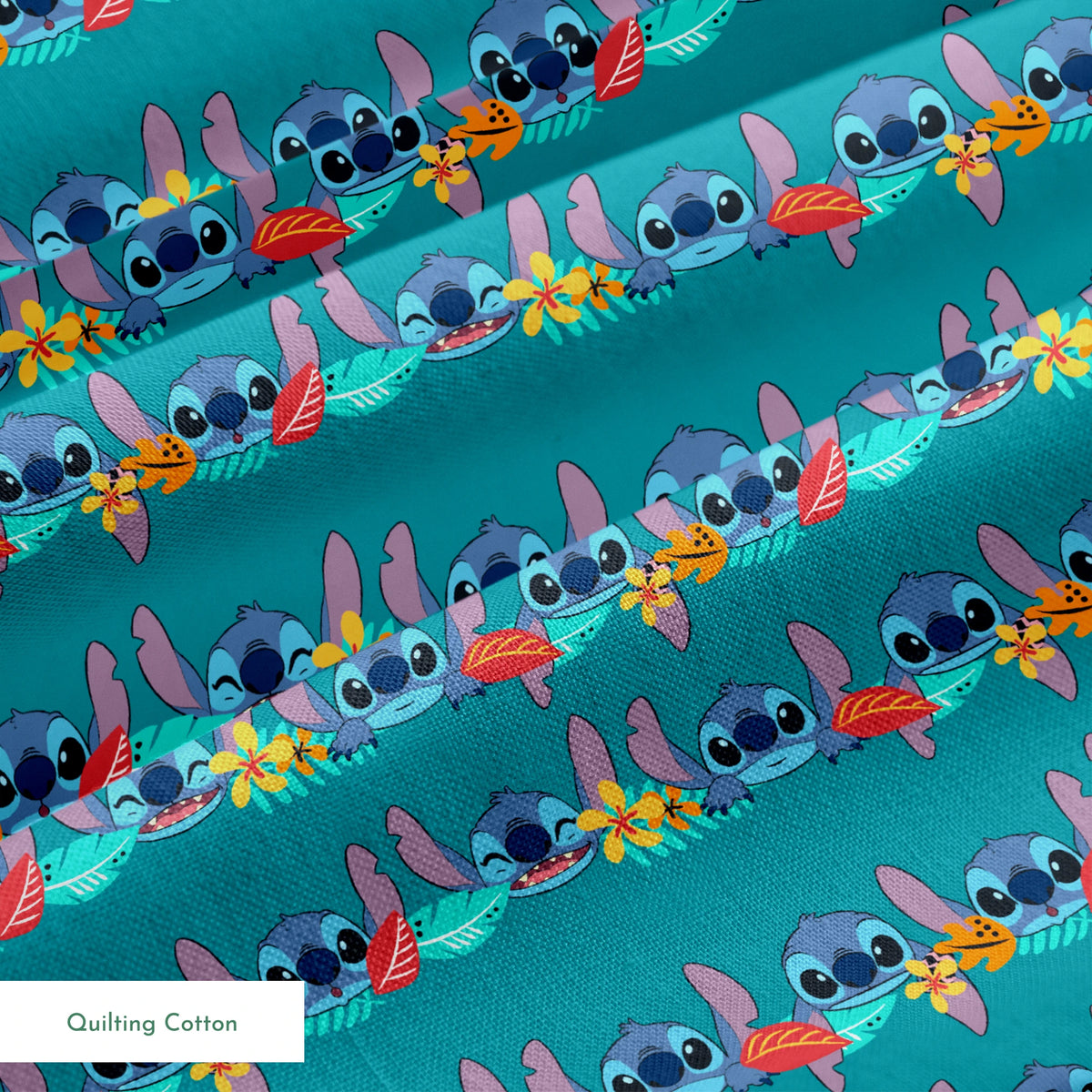 Repeating stripe design with Disney’s Stitch peeking between rows of tropical hibiscus flowers and colorful leaves on a teal background. springs quiltingcotton texture