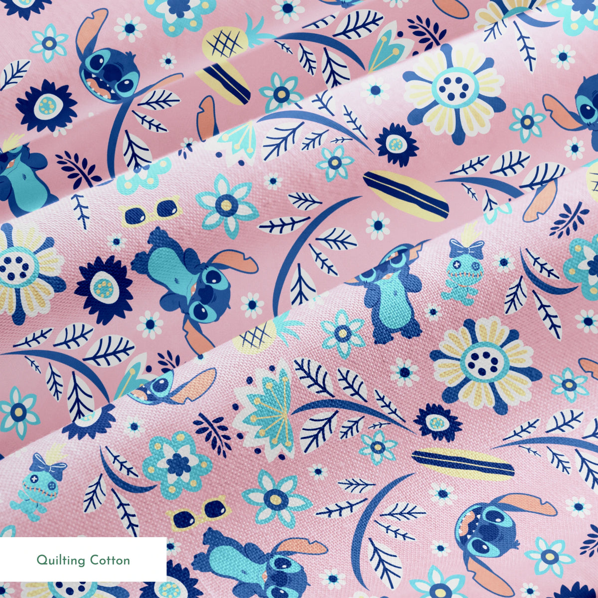 Floral pattern with Disney's Stitch, white daisies, and mint green accents on pink background springs quiltingcotton texture