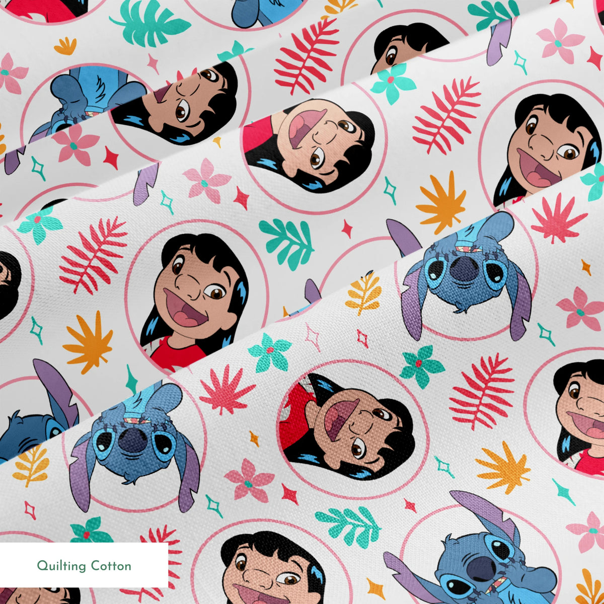 Colorful cartoon pattern with Lilo and Stitch in circles, surrounded by tropical leaves and stars springs quiltingcotton texture