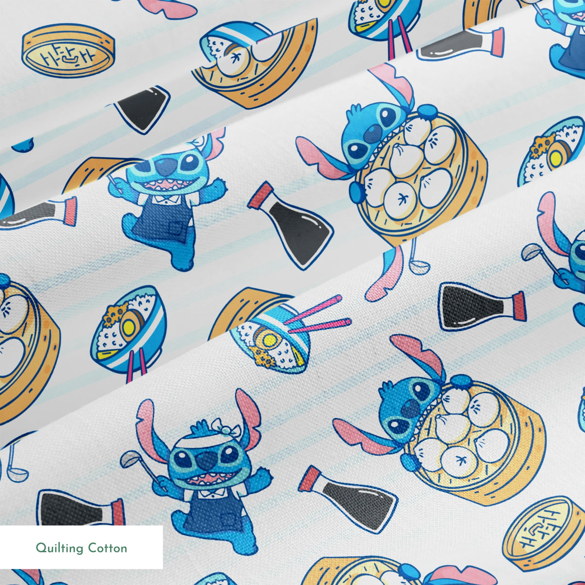 Cartoon Stitch with Chinese dim sum and dumplings on light blue striped background springs quiltingcotton texture