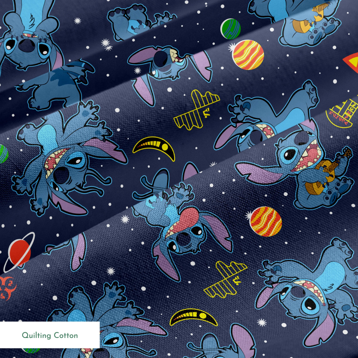 Disney's Stitch floating in space with planets, stars, and spaceships on dark background pattern springs quiltingcotton texture