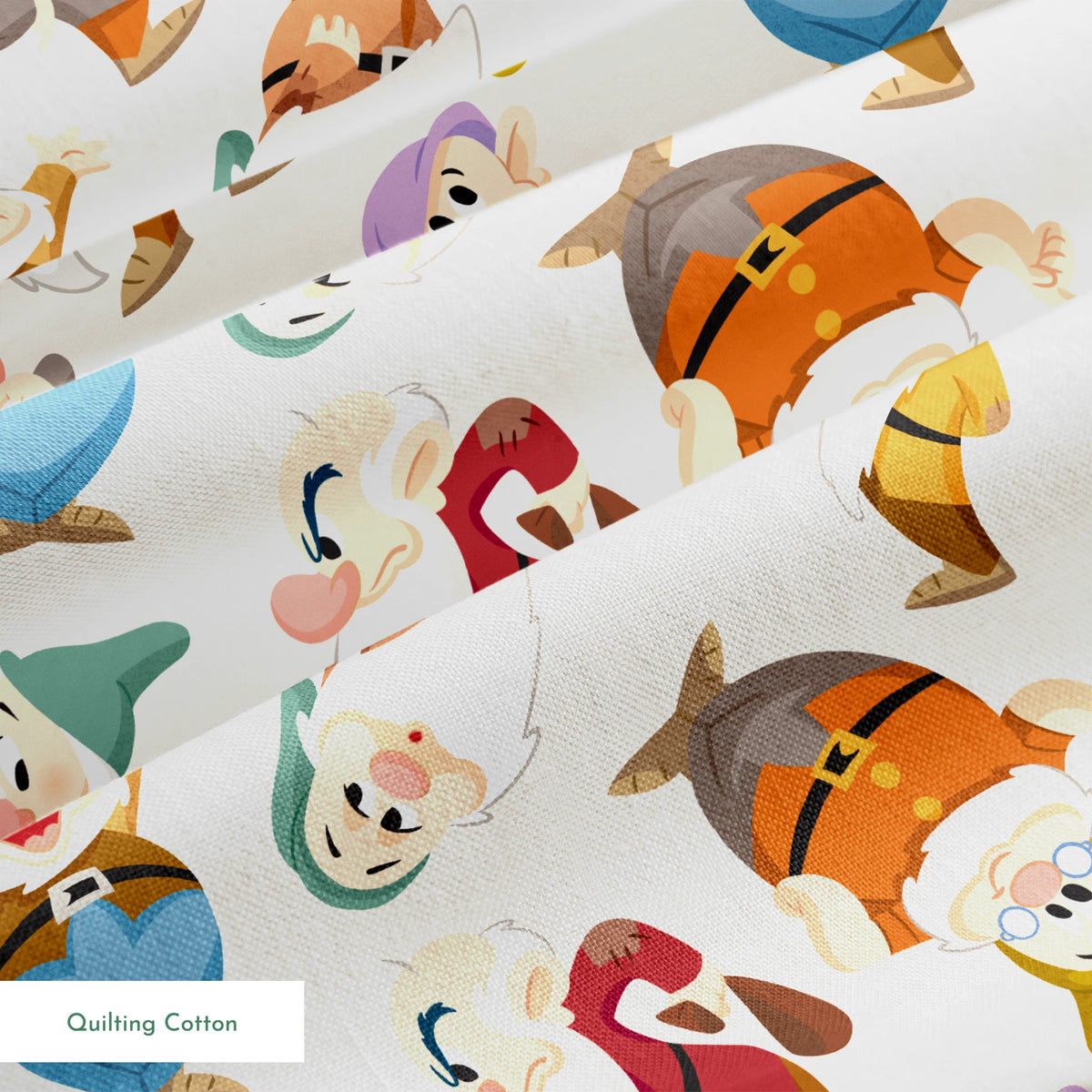 Colorful pattern of small cartoon dwarfs in different colored outfits and hats scattered on cream background springs quiltingcotton texture