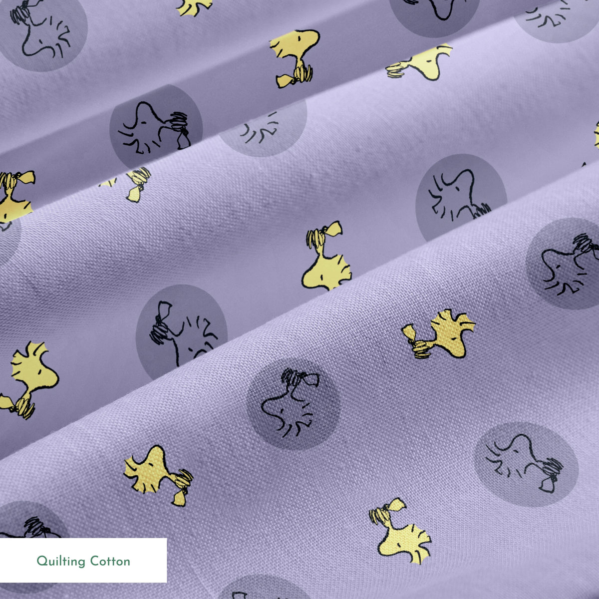 Woodstock alternating with gray circular silhouettes on purple background springs quiltingcotton texture
