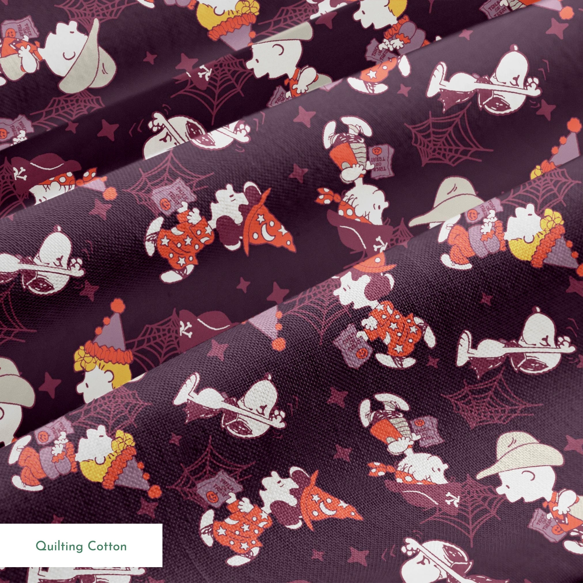 Snoopy and Peanuts characters in Halloween costumes scattered on dark purple background springs quiltingcotton texture