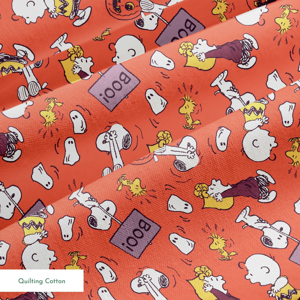Snoopy and Woodstock Halloween pattern on orange background with pumpkins, ghosts, and "boo" text springs quiltingcotton texture