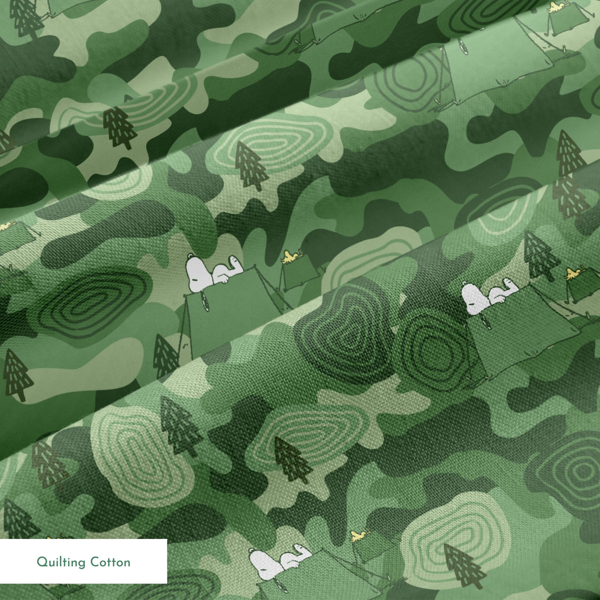 Snoopy camping scene with tents and trees on a green camouflage pattern background springs quiltingcotton texture